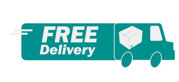 istock Isolated vector illustration of light gree blue shite grey outline free delivery shipping online shopping, with fast moving van truck and package cardbord striker design 1449792412
