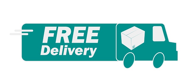 Isolated vector illustration of light gree blue shite grey outline free delivery shipping online shopping, with fast moving van truck and package cardbord striker design