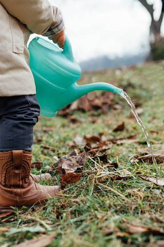 Child with a bucket of turquoise watering garden