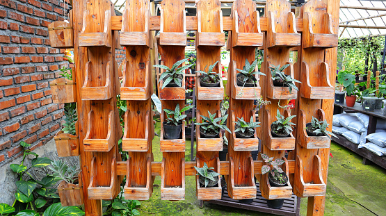 Wooden plant rack with lots of shelves to put your pots outdoors. Vertical garden.