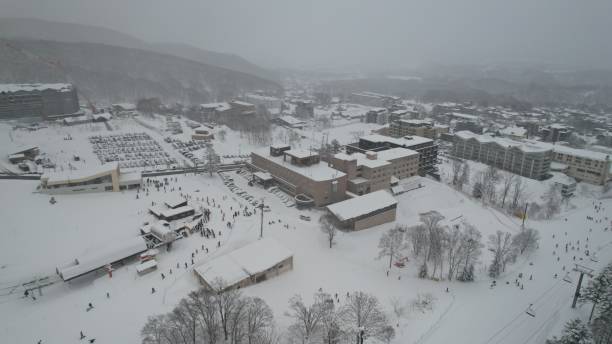 niseko, hokkaido, japan - ski slope overhead cable car snow frost stock-fotos und bilder