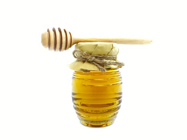 винтаж уникальная медоносная пчела бутылка стекло и деревянный ковш у�паковка дизайн идеи.  польза для здоровья, трегалоза, органические ки� - stingless стоковые фото и изображения