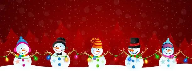 Vector illustration of Snowman Panoramic Red Banner
