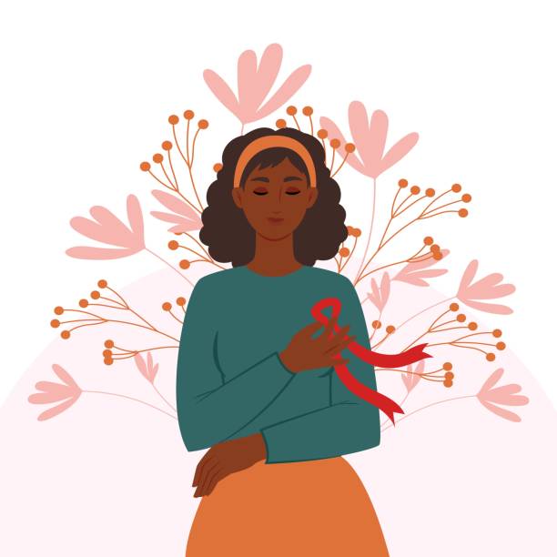 ilustrações, clipart, desenhos animados e ícones de mulher afro com uma fita vermelha no peito é um símbolo da luta contra a aids. o conceito de prevenção da infecção pelo hiv. ilustração plana vetorial - aids