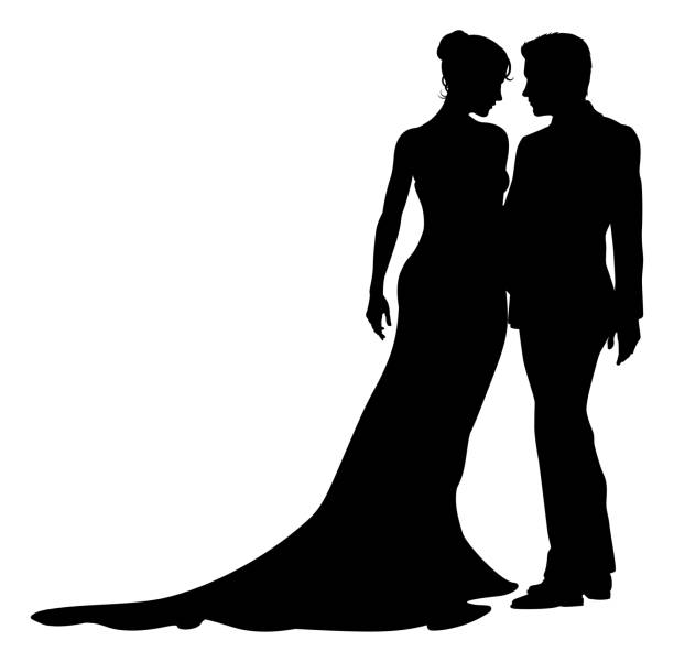 Bride And Groom Couple Wedding Dress Silhouettes Bride and groom couple silhouettes. Woman in a bridal wedding dress wedding silhouettes stock illustrations