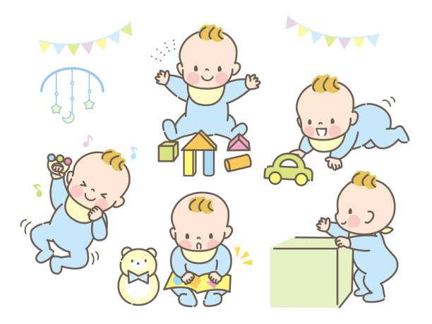 ilustraciones, imágenes clip art, dibujos animados e iconos de stock de bebé jugando alegremente expresión ilustración conjunto material - babies only illustrations