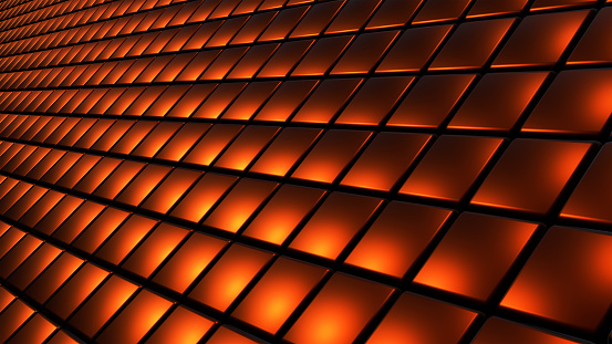 Orange gold chrome metallic technology background, metal squares pattern, modern shiny and lustrous backdrop useful for wallpaper, 3d render illustration.