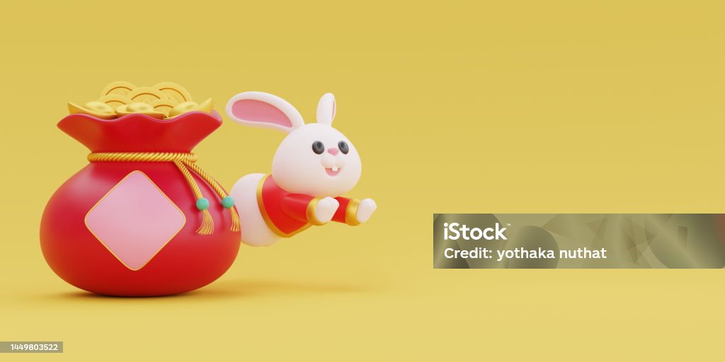 3D cute rabbit with red bag full of money isolated on yellow background, element for Chinese new year, Chinese Festivals, Lunar, CYN 2023, Year of the Rabbit, 3d rendering. 2023 Stock Photo