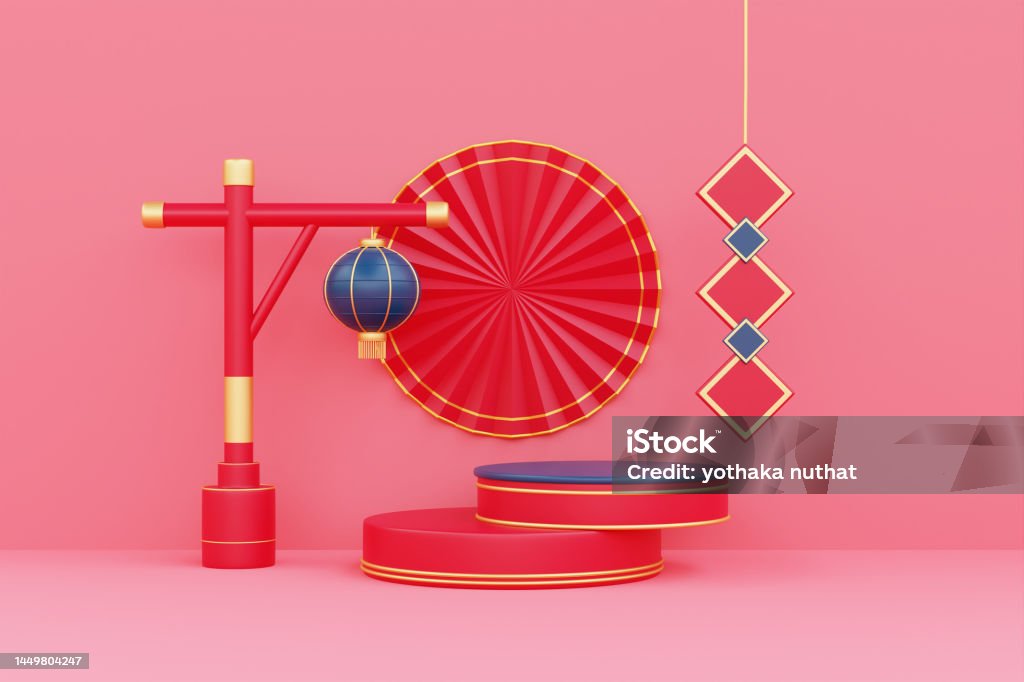 3D podium display for Chinese new year concept on red background, Chinese Festivals, Lunar, CYN 2023, 3d rendering. 2023 Stock Photo