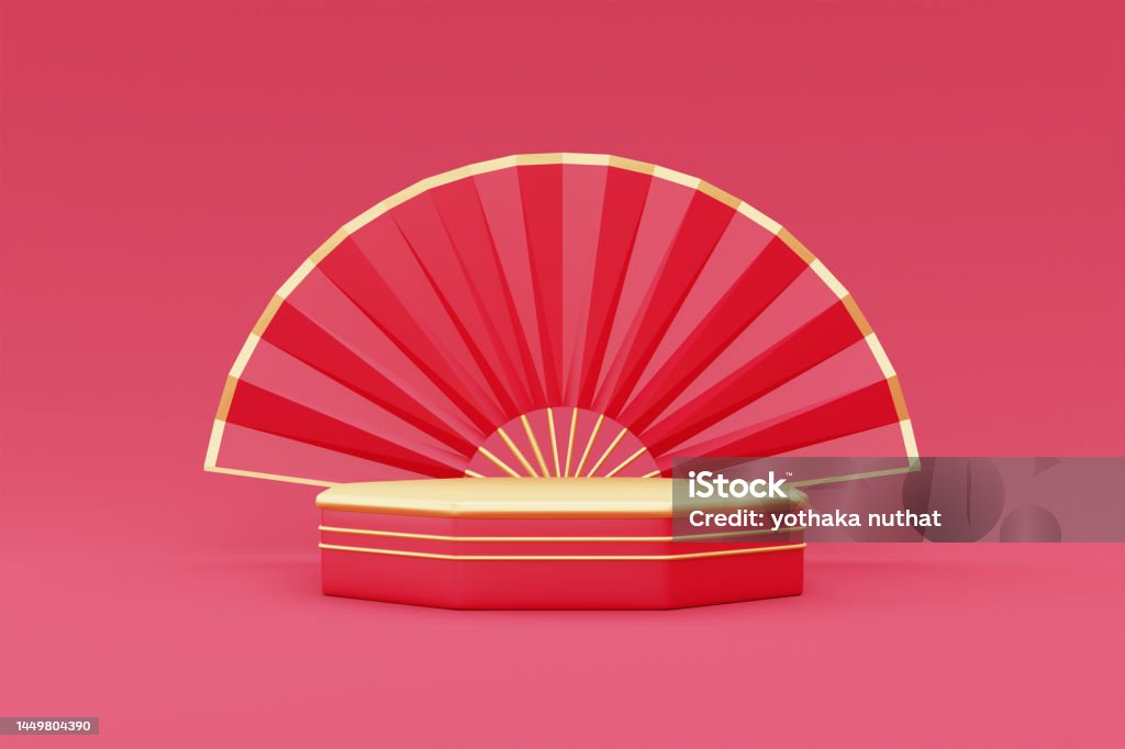 3D podium display for Chinese new year concept on red background, Chinese Festivals, Lunar, CYN 2023, 3d rendering. 2023 Stock Photo