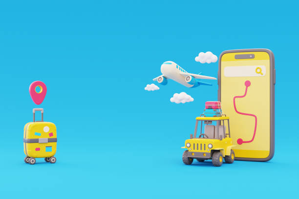 istock Airplane flying in clouds, map route navigation on smartphone with Off-road car and suitcase, Tourism and travel concept, holiday vacation, nature journey, 3d render. 1449804952
