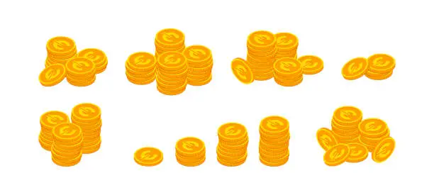 Vector illustration of Vector Isometric gold coins with euro sign stack set. 3d pile of golden money cash symbol collection isolated on white. Banking, business, financial European currency concept for web, infographic, app