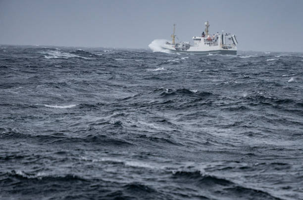 istock Fishing boat trawler sailing out at rough sea 1449811341