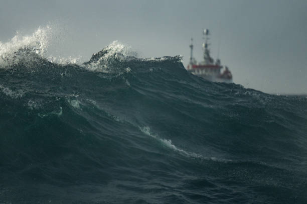 vela de barco arrastrero de pesca hacia fuera en el mar - norwegian sea fotografías e imágenes de stock