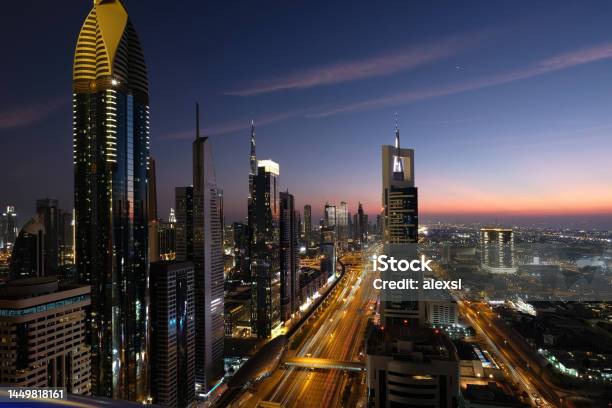 Uae Dubai Cityscape Skyline City Night View Stock Photo - Download Image Now - Dubai, Aerial View, Arabia
