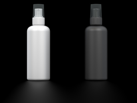 Blank Spray Bottles. Digitally Generated Image isolated on black background