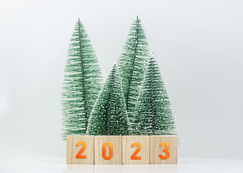 Arrival of new year 2023 marked on wooden blocks