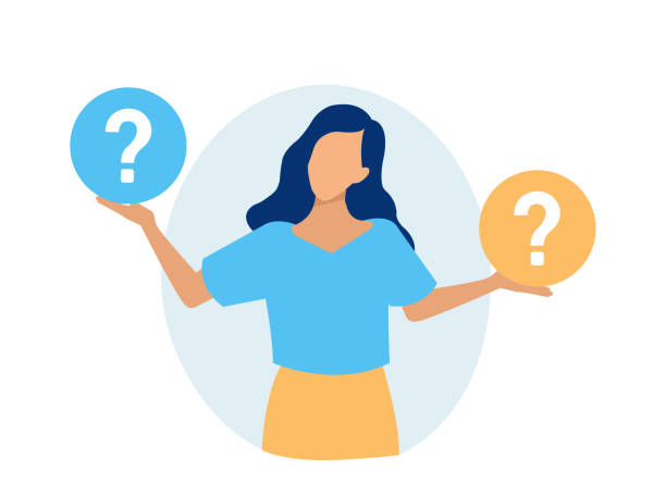 Vector of a puzzled woman in doubt thinking, analyzing two options. Vector of a puzzled young woman in doubt thinking, analyzing two options. pros and cons stock illustrations
