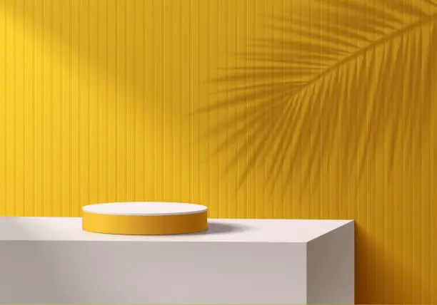 Vector illustration of 3D yellow background with realistic cylinder pedestal podium on white cube box table, Palm leaf shadow overlay. Abstract minimal wall scene mockup product display. Geometric forms. Stage for showcase.