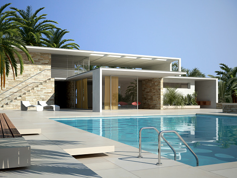 3D Rendering of a modern Mediterranean villa with pool