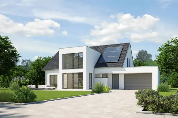 3D rendering of a virtual house with solar panels on the roof