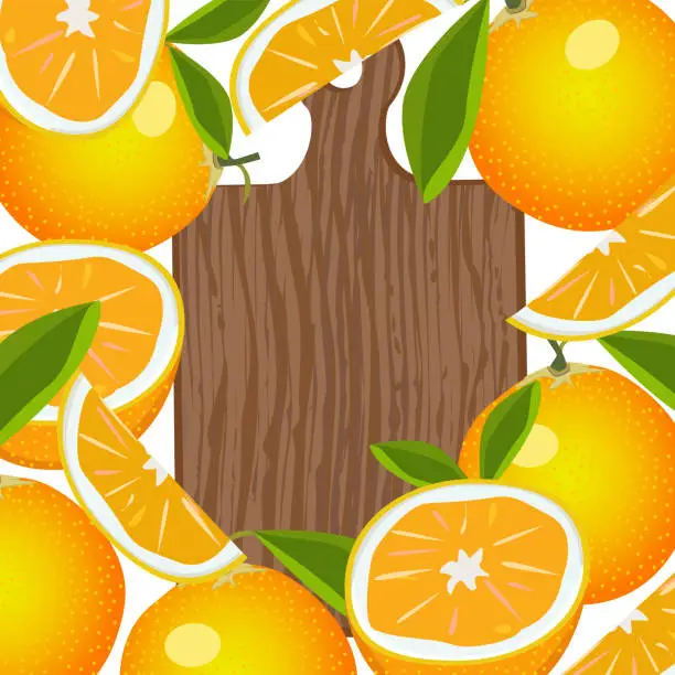 Vector illustration of orange fruits frame wooden board