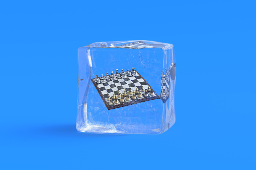 Chess in ice cube. 3d illustration