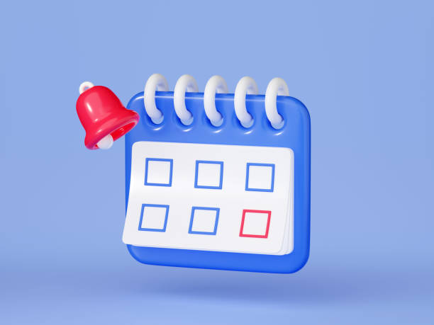 istock Reminder in calendar 3d render - cute purple calendar with empty check points on white paper and yellow bell. 1449831079