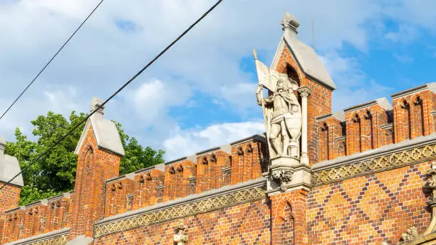 Figure of the knight Friedrich von Zollern on the facade of the Friedland Gate, Kaliningrad, Russia.