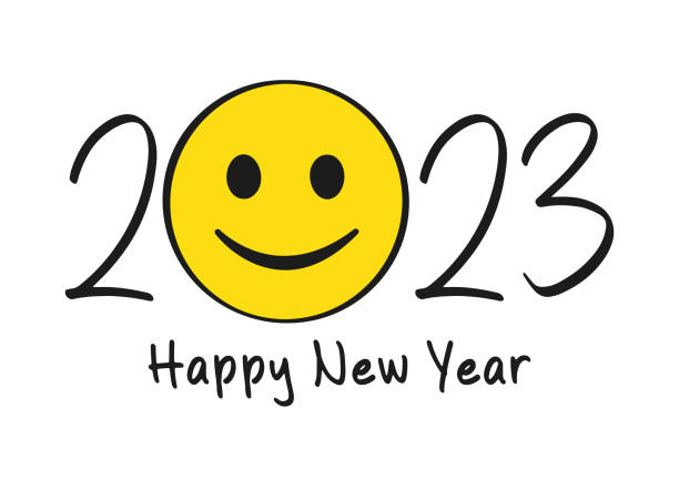Happy New Year 2023 Lettering With Smiling Face Emoji Vector