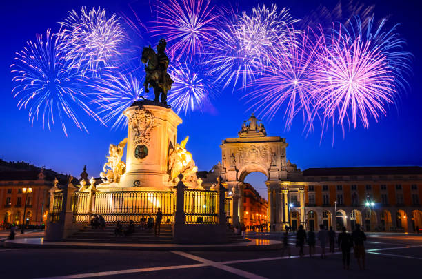 Commerce Square (Praca do Comercio) at night with fireworks, Lisbon, Portugal