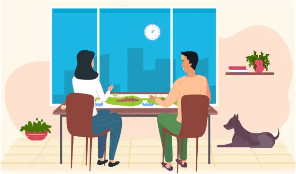 Vector illustration of Happy family or friends man and woman sitting at table and playing strategy logical board card game