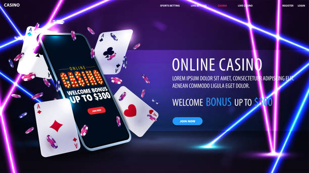 istock Online casino, banner for website with button, smartphone, poker chips and playing cards in purple scene with blue and pink neon line rays 1449834266