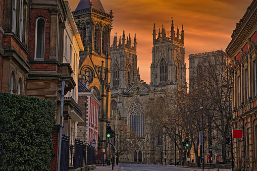 Wide angle view of York Minster at sunset in the city of York, Yorkshire, England, UK.