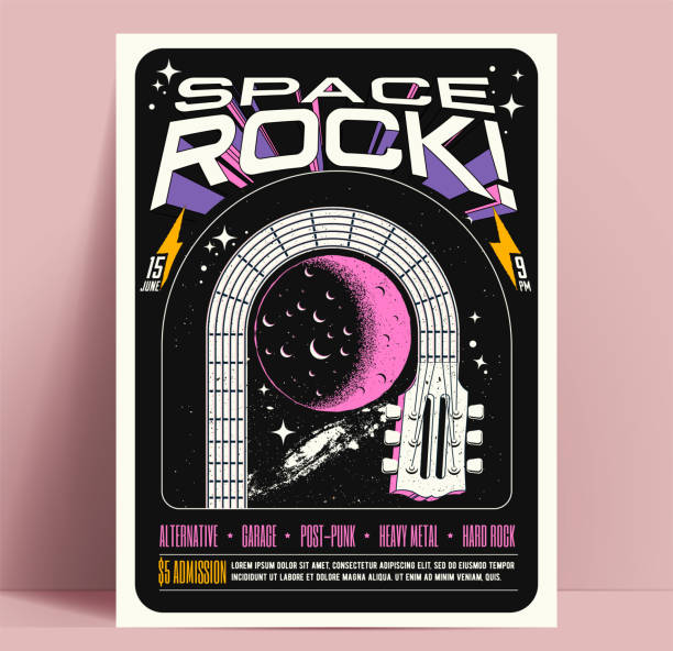 Space rock music show or party or concert or musical festival flyer or poster design template guitar neck bends around the moon vector art illustration