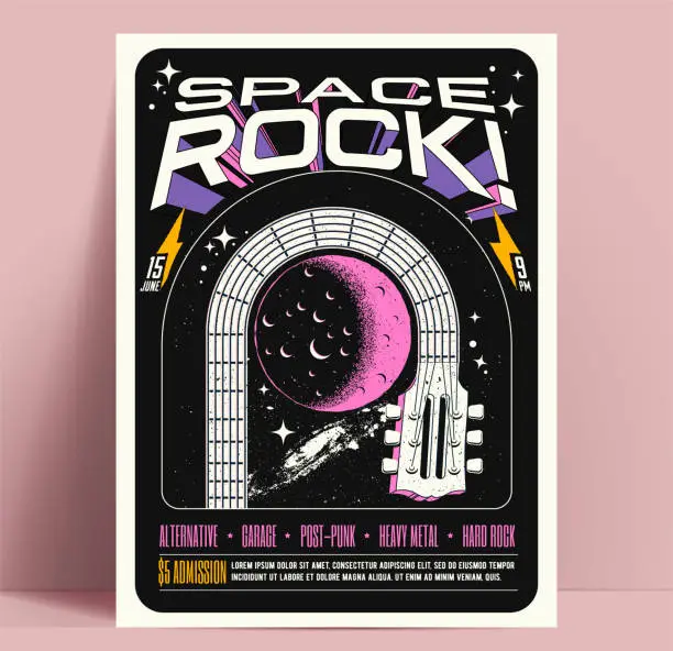 Vector illustration of Space rock music show or party or concert or musical festival flyer or poster design template guitar neck bends around the moon