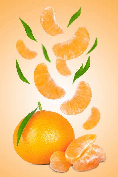 istock Levitation of tangerines on orange background. 1449836254