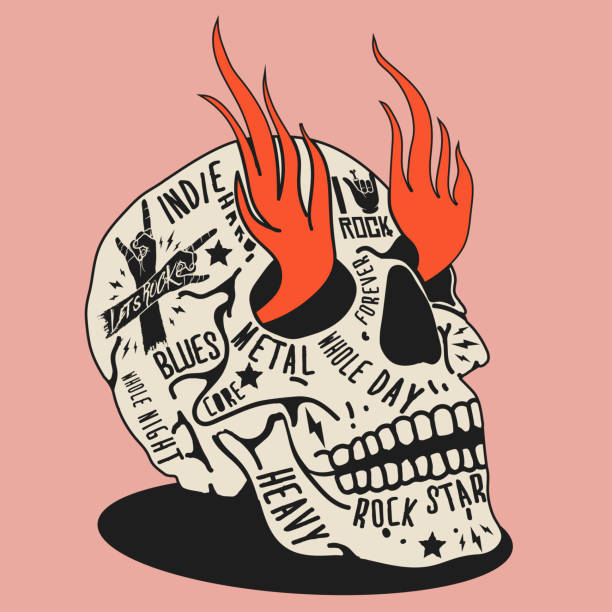 ilustrações, clipart, desenhos animados e ícones de ilustração de estilo vintage do crânio com tatuagens temáticas de música rock para impressão de camiseta ou design de pôster ou capa de álbum de música isolada em fundo rosa. ilustração vetorial - country rock