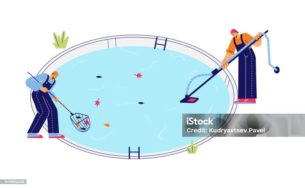 Pool Cleaner Graphics Men Cleaning Pool With Net And Pool Vacuum Cleaner Flat Vector ...