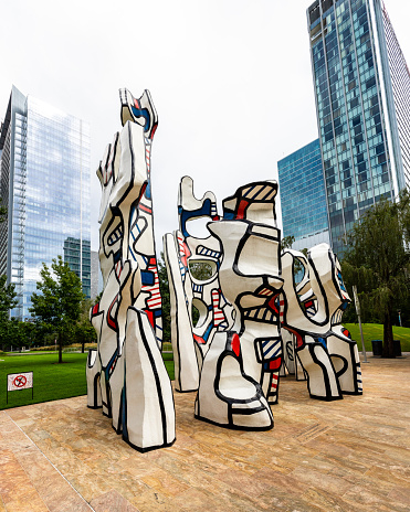Houston, TX, USA - September 12, 2018: A colorful art statue, Monument Au Fantome, in the Discovery Green Park, located in the heart of Downtown Houston.
