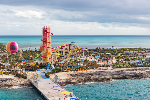 COCOCAY, BAHAMAS - OCTOBER 12, 2019: An aerial/drone view of Cococay, the private island post that's owned by the Royal Caribbean cruise line where guests can spend the day having fun.