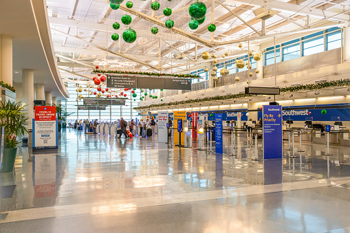 Chicago, IL, USA - December 9, 2020: The interior of Midway International Airport during the winter holidays.