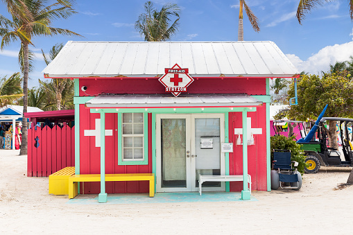 CocoCay, Bahamas - October 13, 2019: A small first aid / life guard station at Royal Caribbean's CocoCay private island where tourists come and enjoy a day on the beach with food, drinks, and fun.
