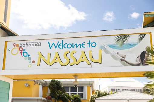 Nassau, Bahamas - October 13, 2019: A Welcome to Nassau sign as guests enter from the cruise ship port.