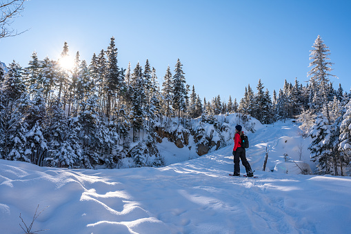 A woman snowshoeing on a mountain trail during a sunny day of winter near Lac-Beauport in Quebec.