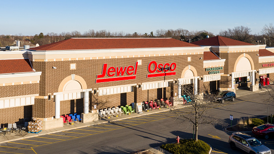 Plainfield, IL, USA - March 4, 2020: Jewel-Osco is a grocery store, owned by Albertsons, and is a Midwestern chain with 188 stores in Illinois, Indiana, and Iowa.