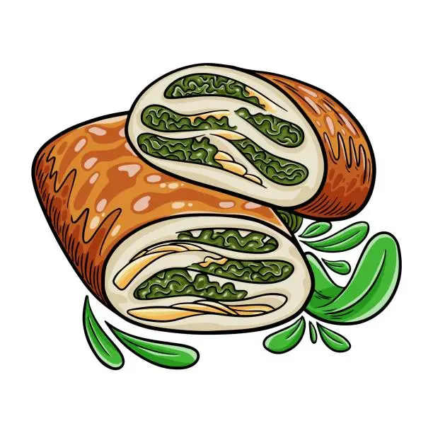 Vector illustration of Greek spanakopita or spinach pie. Traditional Greek Cuisine. Isolated vector illustration.
