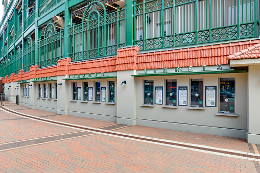CHICAGO, IL, USA - SEPTEMBER 17, 2020: Empty and closed ticket booths at the Chicago Cubs' Wrigley Field.