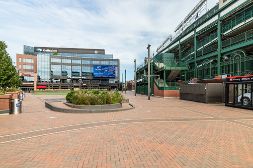 Chicago, IL, USA - September 17, 2020: Gallagher Park is an area where fans can congregate before, during, and after Chicago Cubs games where they can drink and eat outside of Wrigley Field.