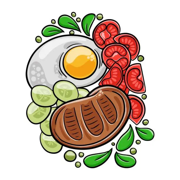 Vector illustration of Com Tam Suon vietnamese food: Delicious broken rice with egg pie and BBQ pork chop.  Isolated vector illustration.